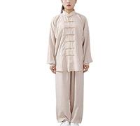 FUYUFU Coton et Lin Tenue de Tai Chi Unisexe Vêtements D’Arts Martiaux Kung-fu Costume pour Homme et Femme (Un Ensemble) (Kaki/Manches Longues, L)