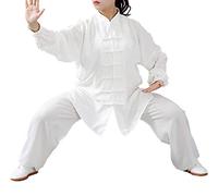 FUYUFU Coton et Lin Tenue de Tai Chi Unisexe Vêtements D’Arts Martiaux Kung-fu Costume pour Homme et Femme (Un Ensemble) (Blanc/Manches Longues, L)