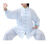 FUYUFU Coton et Lin Tenue de Tai Chi Unisexe Vêtements D’Arts Martiaux Kung-fu Costume pour Homme et Femme (Un Ensemble) (Bleu Clair/Manches Longues, L)