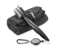 FUZVOL Kit de nettoyage avec brosse de golf noire et serviette de golf en microfibre - Ensemble de nettoyage de club de golf portable avec clip mousqueton, motif gaufré - Accessoires de golf, cadeau