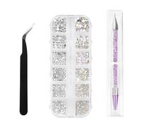 FUZVOL Lot de 1 500 strass pour nail art - 6 tailles - Dos plat - Avec pince à épiler et stylo à pointiller à double tête - Pour nail art, loisirs créatifs, vêtements
