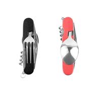 FUZVOL Lot de 2 couverts de camping pliables en acier inoxydable 6 en 1 - Ustensiles portables - Vaisselle d'extérieur pour voyage, randonnée, pique-nique(Noir + Rouge)