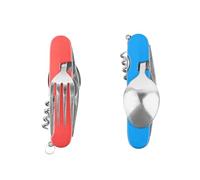 FUZVOL Lot de 2 couverts de camping pliables en acier inoxydable portable 6 en 1 pour voyage, randonnée, pique-nique(Rouge + Bleu)