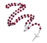 FUZYXIH Collier chapelet avec perles en verre rouge de 6 mm avec pendentif croix de Jésus
