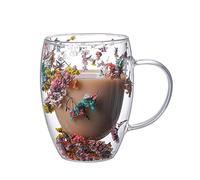 FUZYXIH Tasse en verre à double paroi avec fleurs sèches, escargots de mer, conques, paillettes pour café, jus, lait, joli cadeau tasse à café en verre