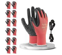 FUZZIO Lot de 12 paires de gants de travail pour homme - Taille 7 - Rouge - Gants de jardinage pour homme - Revêtement en latex avec clip à gants
