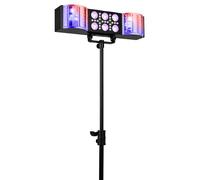 Fuzzix DerbyStar2 Jeux de Lumière PartyBar Tout-en-Un avec Double Effet Derby RGB, 6 PAR LED RGB-UV, Stroboscope 21 LEDs Blanches et Effet UV, Télécommande et Trépied Inclus