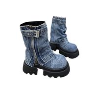 FVDZRFIE Bottes femme Bottes mi-mollet tendance style cowboy for femme, chaussures à plateforme, semelle épaisse, fermeture éclair latérale, boucle de ceinture, printemps(Blue,39)