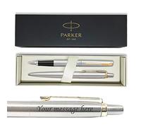 FVLFIL Parker Jotter Stylo plume en acier avec bordure dorée + stylo bille + gravure gratuite + coffret cadeau