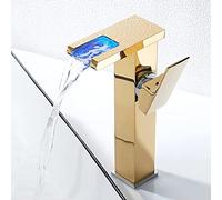 FW Robinet Lavabo LED Haut Cascade Robinet Salle De Bain, Moderne Design Élégant Doré Laiton Mitigeur Lavabo, Eau Chaude Et Froide Disponible, 3 Changements De Couleur