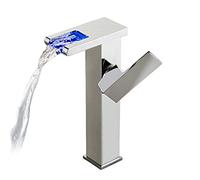 FW Robinet Lavabo LED Haut Cascade Robinet Salle De Bain, Moderne Design Élégant Laiton Mitigeur Lavabo, Eau Chaude Et Froide Disponible, 3 Changements De Couleur, Chromé