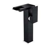 FW Robinet Lavabo LED Haut Cascade Robinet Salle De Bain, Moderne Design Élégant Noir Laiton Mitigeur Lavabo, Eau Chaude Et Froide Disponible, 3 Changements De Couleur