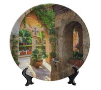 FWJZDSP Assiette décorative en céramique à motif paysage, assiette ronde décorative style cloître, avec support, pour salon, chambre, cuisine, bureau, table à manger, 25 cm (10 pouces).