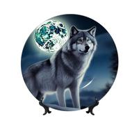 FWJZDSP Assiette décorative en porcelaine fine « Loup sous la lune » avec image personnalisée, support inclus, 20 cm (8 pouces).