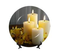 FWJZDSP Assiette décorative en porcelaine fine, motif papillon jaune et bougies blanches, avec support, 15 cm (6 pouces).