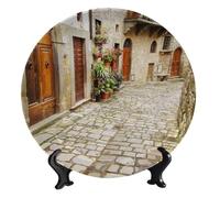 FWJZDSP Assiette décorative ronde en céramique, motif paysage et rue pavée, avec support, idéale pour décorer un salon, une chambre, une cuisine ou un bureau. Diamètre : 25 cm (10 pouces).