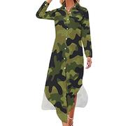 FWJZDSP Camouflage armée Vert Robe Chemise pour Femme à Manches Longues Bouton Longue Robe Maxi Robes de Chemisier décontractées