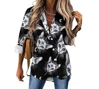 FWJZDSP Chemisier Femme à col en V, Manches Longues, imprimé Chat Sphinx et troisième œil.