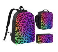 FWJZDSP Ensemble sac à dos décontracté à imprimé léopard éclatant avec boîte à lunch et étui pour pique-nique/sortie/trajets
