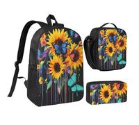 FWJZDSP Ensemble sac à dos portable unisexe à motifs de tournesols éclatants et de papillons bleus, avec boîte à lunch et étui, idéal pour les pique-niques et les sorties.