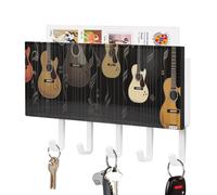 FWJZDSP Porte-clés mural autocollant en cuir, motif guitare et piano, avec 5 crochets décoratifs, style blanc.