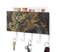 FWJZDSP Porte-clés mural dragon style linéaire, porte-clés adhésif en cuir, grand modèle décoratif avec 5 crochets, idéal pour le salon ou le bureau, style blanc.