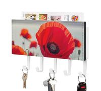 FWJZDSP Porte-clés mural en cuir autocollant en forme de coquelicot rouge, grand modèle décoratif avec 5 crochets, idéal pour le salon, la cuisine ou le bureau.