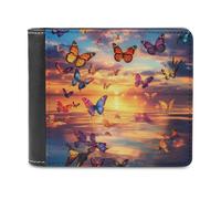 FWJZDSP Portefeuille Fantaisie Fin à Deux Volets avec Porte-Cartes d'identité et de crédit, orné de Papillons colorés et d'un Coucher de Soleil sur l'océan. Idéal pour Une Poche Avant.
