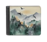 FWJZDSP Portefeuille Homme en Cuir, Grand Format, Motif Oiseaux de Montagne Aquarelle, Porte-Cartes Fin avec fenêtre pour Carte d'identité, idéal au Quotidien.
