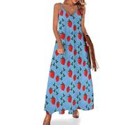 FWJZDSP Robe Longue d'été Kawaii Fraise pour Femme, col V, sans Manches, Robe décontractée idéale pour Une fête ou Un Cadeau.