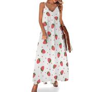 FWJZDSP Robe Longue d'été pour Femme, imprimé Fraise Kawaii, col V, sans Manches, Robe décontractée idéale pour Une fête ou Un Cadeau.