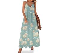 FWJZDSP Robe Longue sans Manches Style bohème Chic, à Bretelles Spaghetti, avec de Jolis Moutons et des Marguerites.