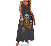 FWJZDSP Robe Longue sans Manches Style bohème Chic à Bretelles Spaghetti, Motif crâne de Sorcier, Citrouille et Chatons Orange et Noirs, Robe hawaïenne