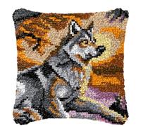 FWRTYCB Kit de Coussin au Crochet Point Noué Adultes Sunset Grey Wolf Tapis taie d'oreiller enfants débutants DIY aiguille broderie ensemble artisanal canapé décoration maison 43x43 cm, 2pcs