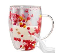 FxaumsGxuk Tasses à café à double paroi de 350 ml, fleurs sèches en verre transparent avec poignée, tasse à café en verre avec séchée intégrée sélectionnée pour boissons chaudes et froides