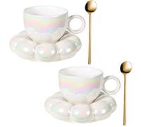 FXGOING Ensemble de tasses à café en céramique avec cuillère, tasse créative mignonne avec sous-verre nuage de tournesol pour le bureau, la maison, 184,3 g (blanc perle + blanc nacré)