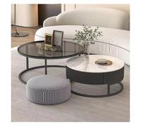 FXLUHAY Ensemble de 2 Tables Basses Rondes gigognes, Table Basse Ronde en Bois avec Motif Circulaire en Relief for Salon, Balcon, Bureau(Black,80x60cm)