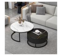 FXLUHAY Tables Basses Rondes multifonctionnelles en marbre avec tiroir de Rangement et Structure en métal - Lot de 2, idéales for la décoration du Salon et de la Chambre(Black Frame+White+Black)
