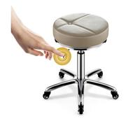 FXLUHAY Tabouret de Selle, Tabouret de Salon Rond et réglable à roulettes - Chaise de Bureau en Cuir PU, pivotant à 360°, Hauteur 17,3 à 23,2 Pouces, Spa de Massage à roulettes(Khaki)