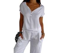 fxwtich Chemisier extensible à col en V pour femme, T-shirt décontracté d'été, boutons à col en V, demi-patte de boutonnage, manches courtes, couleur unie, coupe ample, hauts pull Streetwear Bl