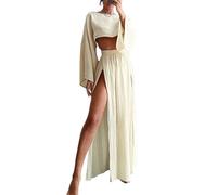 fxwtich Ensemble de jupe haut court à col incliné pour femme, jupes de fête 2 pièces/ensemble pour femmes, manches longues, taille haute, fendue, couleur unie, vacances, plage, bikini Abricot M