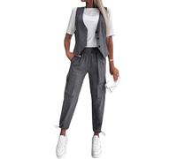 fxwtich Ensemble haut et pantalon pour femmes, gilet rayé 2 pièces/ensemble, col en V, sans manches, simple boutonnage, taille haute, ourlet avec cordon de serrage, neuvième déplacements Gris S