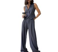 fxwtich Ensemble pantalon à jambes larges, gilet de poche décoratif, costume pour femmes, col en V, simple boutonnage, sans manches, taille haute, jambes larges, haut d'affaires formel Gris M