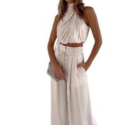 fxwtich Femmes Col Roulé Haut Court Tenue 2 Pièces/ensemble Cro Pantalon Ensemble Sans Manches Col Haut Plissé Court Couleur Unie Cordon De Serrage Taille Jambe Large Lâche Ivoire M