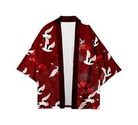 fxwtich Manteau chemise ample pour hommes, haut de Style japonais, Kimono traditionnel, manches trois quarts, Cardigan imprimé oiseau, fin, mi-long Rouge L