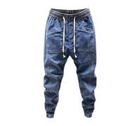 fxwtich Pantalon en Denim avec cordon de serrage élastique pour homme, jean avec poches, Design, couleur unie, sarouel Cargo décontracté, printemps-automne Bleu XL