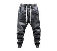 fxwtich Pantalon en Denim avec cordon de serrage élastique pour homme, jean avec poches, Design, couleur unie, sarouel Cargo décontracté, printemps-automne Noir L