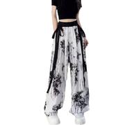 fxwtich Pantalon imprimé à l'encre de style chinois Imprimé Streamer Drapé Pantalon décontracté en mousseline de bambou de style chinois pour femmes avec décoration d'été A M