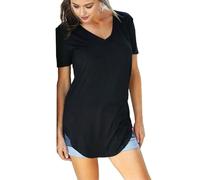 fxwtich T-shirt femme mi-long T-shirt femme couleur unie col en v manches courtes T-shirt décontracté été Noir XL