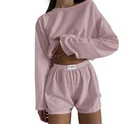 fxwtich Tenue décontractée deux pièces pour femme, T-shirt et short d'été, ensemble 2 pièces/ensemble pour femme, haut ajouré, taille élastique, manches longues, col rond, fin, couleur unie R
